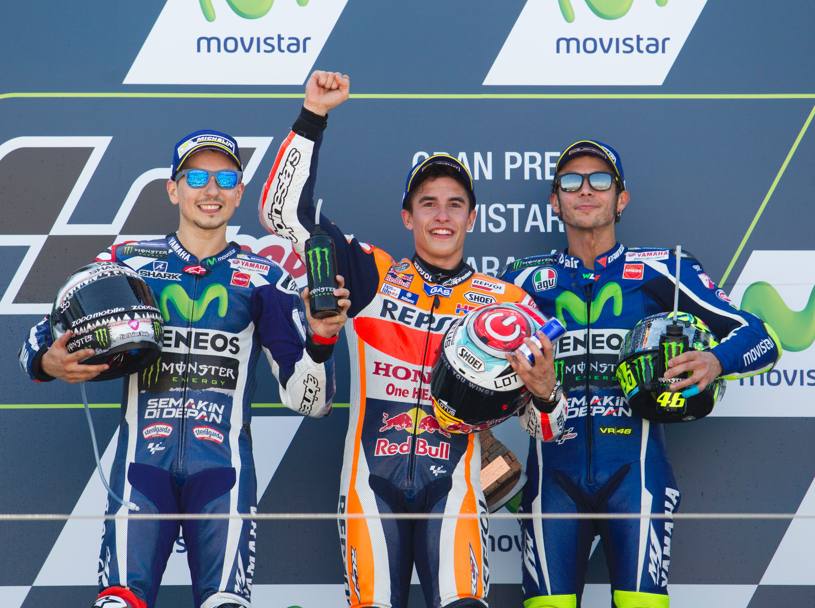 Da sinistra Lorenzo, Marquez e Rossi. Afp